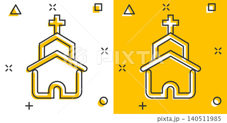 Church icon in comic style. Chapel vector cartoon illustration on white isolated background. Religious building business concept splash effect. Church icon in comic style. Chapel vector cartoon illustration on white isolated background. Religious building business concept splash effect. 140511985