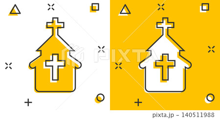 Church icon in comic style. Chapel vector cartoon illustration on white isolated background. Religious building business concept splash effect. 140511988