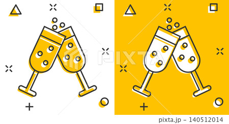 Champagne glass icon in comic style. Alcohol drink vector cartoon illustration on white isolated background. Cocktail splash effect business concept. Champagne glass icon in comic style. Alcohol drink vector cartoon illustration on white isolated background. Cocktail splash effect business concept. 140512014