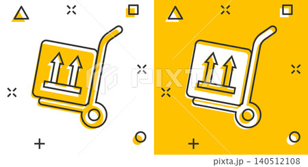 Cargo trolley icon in comic style. Delivery box cartoon vector illustration on white isolated background. Box shipping splash effect business concept. Cargo trolley icon in comic style. Delivery box cartoon vector illustration on white isolated background. Box shipping splash effect business concept. 140512108