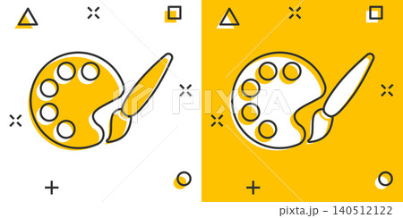 Paint brush icon in comic style. Palette cartoon vector illustration on white isolated background. Painter instrument splash effect business concept. Paint brush icon in comic style. Palette cartoon vector illustration on white isolated background. Painter instrument splash effect business concept. 140512122