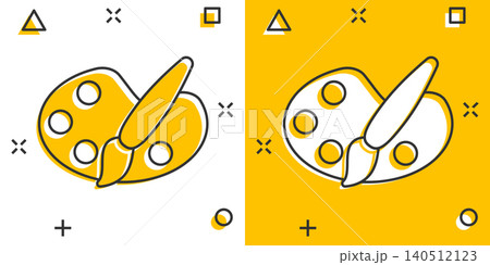 Paint brush icon in comic style. Palette cartoon vector illustration on white isolated background. Painter instrument splash effect business concept. Paint brush icon in comic style. Palette cartoon vector illustration on white isolated background. Painter instrument splash effect business concept. 140512123