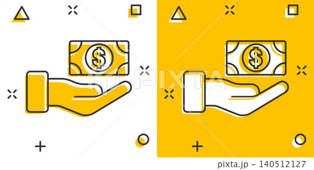 Remuneration icon in comic style. Money in hand cartoon vector illustration on white isolated background. Banknote payroll splash effect business concept. 140512127