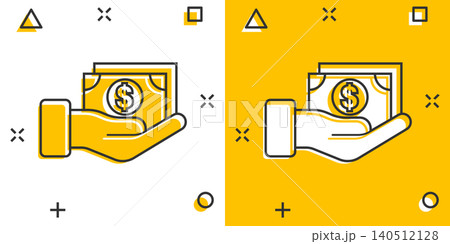 Remuneration icon in comic style. Money in hand cartoon vector illustration on white isolated background. Banknote payroll splash effect business concept. 140512128