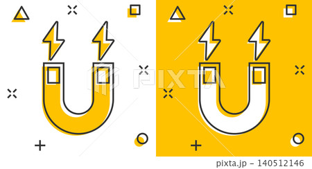 Magnet icon in comic style. Attract cartoon vector illustration on white isolated background. Electromagnetic splash effect business concept. Magnet icon in comic style. Attract cartoon vector illustration on white isolated background. Electromagnetic splash effect business concept. 140512146