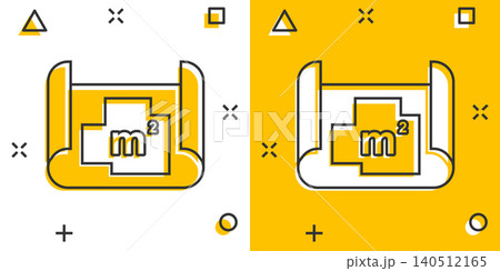 Room plan icon in comic style. Blueprint cartoon vector illustration on white isolated background. House project splash effect business concept. 140512165