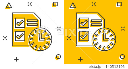 Contract time icon in comic style. Document with clock cartoon vector illustration on white background. Deadline splash effect business concept. Contract time icon in comic style. Document with clock cartoon vector illustration on white background. Deadline splash effect business concept. 140512193