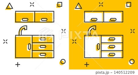 Kitchen furniture icon in comic style. Cuisine cartoon vector illustration on white isolated background. Cooking room splash effect business concept. 140512209