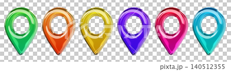 Glossy colored 3D map location pin icons in different views. Transparent glass or plastic navigation markers isolated on background for GPS, map, travel and UI design. 3d render. Glossy colored 3D map location pin icons in different views. Transparent glass or plastic navigation markers isolated on background for GPS, map, travel and UI design. 3d render. 140512355