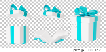 Set of elegant white Gift Boxes with turquoise ribbons and bows, open and closed presents, isolated on background. Perfect for holiday, birthday, celebration, sale, discount, Christmas, Weddings. 3d r Set of elegant white Gift Boxes with turquoise ribbons and bows, open and closed presents, isolated on background. Perfect for holiday, birthday, celebration, sale, discount, Christmas, Weddings. 3d r 140512356