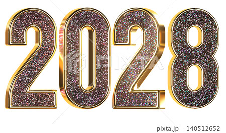2028 New Year gold glitter sign. 3d metallic golden numbers isolated on white background. 3D render illustration.. 140512652