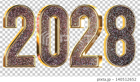 2028 New Year gold glitter sign. 3d metallic golden numbers isolated on white background. 3D render illustration.. 140512652