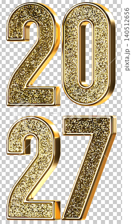 2027 New Year gold glitter sign. 3d metallic golden numbers isolated on white background. 3D render illustration.. 2027 New Year gold glitter sign. 3d metallic golden numbers isolated on white background. 3D render illustration.. 140512656