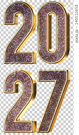 2027 New Year gold glitter sign. 3d metallic golden numbers isolated on white background. 3D render illustration.. 2027 New Year gold glitter sign. 3d metallic golden numbers isolated on white background. 3D render illustration.. 140512658