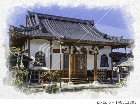 水彩画風　丹波篠山　河原町妻入商家群　観音寺観音堂　兵庫県丹波篠山市 140512805