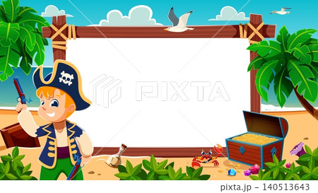 Cartoon kid pirate on tropical island with banner frame. Cute smiling boy corsair in blue captain costume holding pistol. Wooden sign board, treasure chest and crab for pirate party invitation. Cartoon kid pirate on tropical island with banner frame. Cute smiling boy corsair in blue captain costume holding pistol. Wooden sign board, treasure chest and crab for pirate party invitation. 140513643