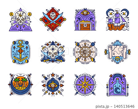 Sacred esoteric pirate symbols of vector line corsair ship, treasure island, chest and map. Pirate crossbones, skull and swords, sailboat wheel, anchor and bottle outline icons with esoteric symbols Sacred esoteric pirate symbols of vector line corsair ship, treasure island, chest and map. Pirate crossbones, skull and swords, sailboat wheel, anchor and bottle outline icons with esoteric symbols 140513646