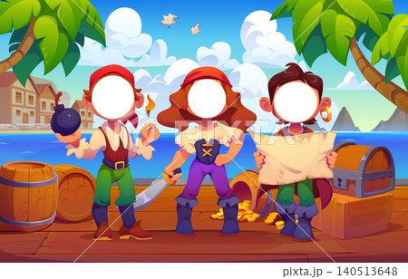 Kid Caribbean pirates photobooth with three faceless pirate characters standing on wooden dock holding bomb, sword and treasure map. Corsairs photo booth frame cutout face holes for birthday party 140513648