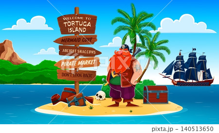 Cartoon pirate captain on tropical island with treasures and direction signboard. Funny bearded corsair character with black bandana and octopus tattoo for nursery posters and pirate party decoration 140513650