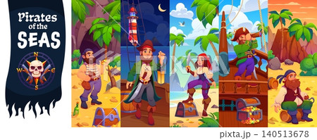 Cartoon pirate and corsair characters on treasure island and ship deck collage. Happy woman sailor with treasure chest and sword, captain with spyglass telescope, funny pirate characters with gold 140513678
