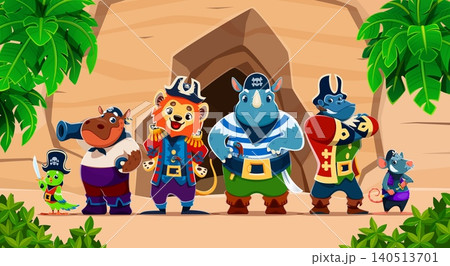 Cartoon animal pirate ship crew characters. Gunner hippo, captain lion, skipper gorilla, boatswain rhino, rat and parrot animal sailors at pirate treasure island with hats, swords, bandanas and cannon 140513701