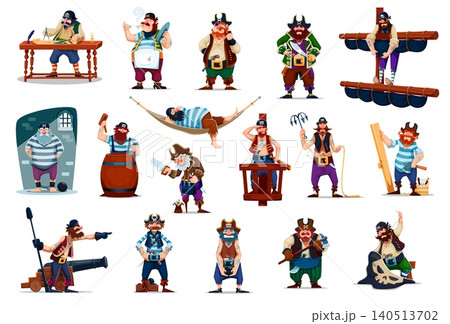 Cartoon pirate and corsair ship crew characters. Vector funny captain, skipper, boatswain, cook and doctor personages in pirate costumes. Happy sailor, cook, lookout, carpenter, and cooper characters 140513702