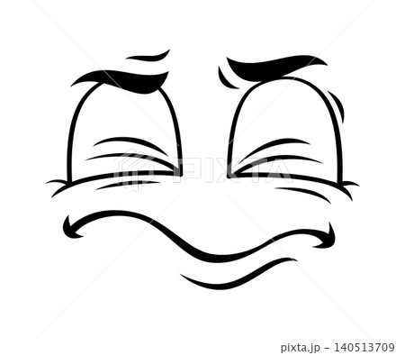 Smirking cartoon face expression with narrowed eyes, arched eyebrows, and wavy skeptical mouth line. Expressive character face for comic book illustrations or educational materials about emotions Smirking cartoon face expression with narrowed eyes, arched eyebrows, and wavy skeptical mouth line. Expressive character face for comic book illustrations or educational materials about emotions 140513709