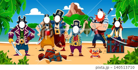Caribbean pirate cutout face holes, funny corsairs photobooth frame. Party photo booth border template with group of swashbuckler characters on tropical beach with treasure chest, barrel, palm trees Caribbean pirate cutout face holes, funny corsairs photobooth frame. Party photo booth border template with group of swashbuckler characters on tropical beach with treasure chest, barrel, palm trees 140513710
