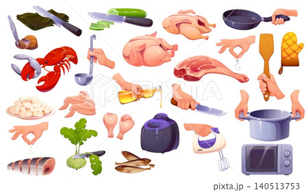 Cook food, cooking processes and kitchen utensil. Cartoon vector set of ingredients like meat, chicken, seafood and vegetable, culinary tools and actions as slicing, stirring, frying and boiling 140513753