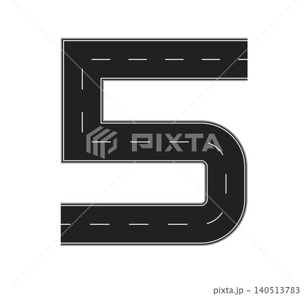 Number 5 made of asphalt road with black surface with white dashed lane markings. ABC English highway route alphabet. Road font number 5 for kids educational posters and transportation branding 140513783