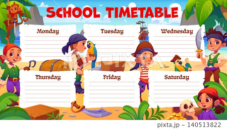 School education timetable schedule with cartoon funny kids and animal pirates. Template for activity and lessons planning with children on sunny tropical beach with parrot, ape and treasure chest 140513822