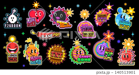 Bomb and dynamite vintage y2k stickers and retro patch labels with cartoon explosives, tnt barrels, fireworks and bubble blasts. Retro y2k bomb emoji vector stickers of cute heart, disco balls, candy Bomb and dynamite vintage y2k stickers and retro patch labels with cartoon explosives, tnt barrels, fireworks and bubble blasts. Retro y2k bomb emoji vector stickers of cute heart, disco balls, candy 140513901