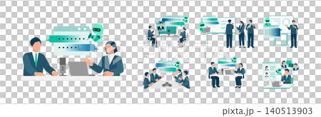 A set of illustrations illustrating business meeting scenarios using an AI-powered automated meeting minutes creation tool. A set of illustrations illustrating business meeting scenarios using an AI-powered automated meeting minutes creation tool. 140513903