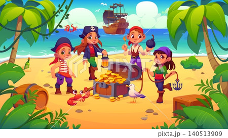 Cheerful cartoon kids pirate characters in colorful corsair costumes discovering overflowing gold coin treasure chest surrounded by palm trees, sailing ship and wooden barrel. Vibrant scene for games 140513909