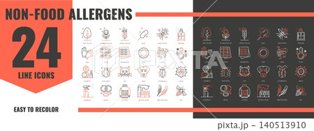 Non food allergen free icons and pictograms for allergy and allergenic substances. Non food allergen free line icons of animal fur and air pollution, flower or plants pollen and chemicals or insects 140513910