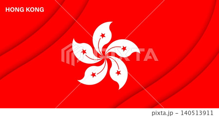 Paper cut flag of Hong Kong featuring white five petal bauhinia flower with red stars. Papercut national holiday banner with layered curved wave shapes. Red Hong Kong flag for national day celebration 140513911