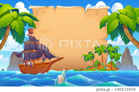Old paper scroll with pirate sail ship. Cartoon glass bottle with treasure map. Nautical scene with pirates and tropical palm trees for party posters, invitations and adventure games 140513939