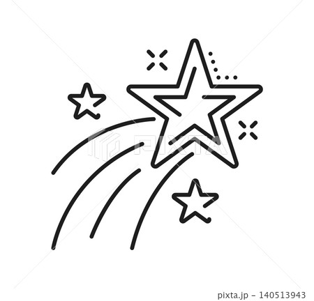 Ranking star pictogram and best quality icon. Review and rating star with shooting trail and smaller stars conveying quality, success and celebration. Linear vector sign for product feedback and apps Ranking star pictogram and best quality icon. Review and rating star with shooting trail and smaller stars conveying quality, success and celebration. Linear vector sign for product feedback and apps 140513943