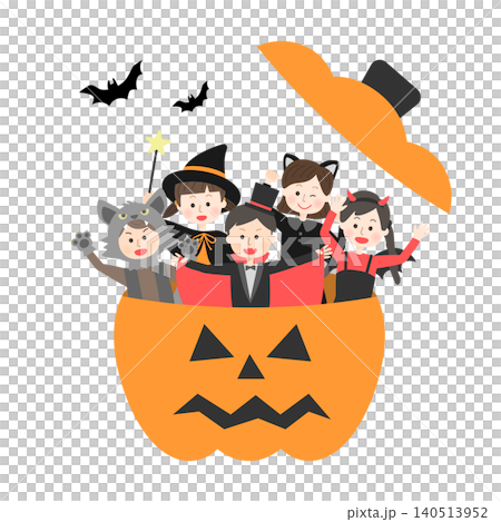 Costumed children popping out of Halloween pumpkins Costumed children popping out of Halloween pumpkins 140513952