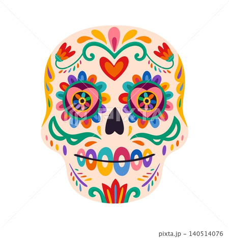 Mexican Day of the Dead beige ornate sugar skull. Day of the Dead skeleton head, Dia de Los Muertos vector decoration. Hispanic culture calavera with flower petal eyes, floral curls folk ornaments Mexican Day of the Dead beige ornate sugar skull. Day of the Dead skeleton head, Dia de Los Muertos vector decoration. Hispanic culture calavera with flower petal eyes, floral curls folk ornaments 140514076