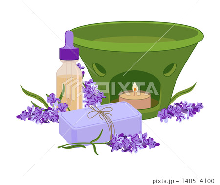 Vector spa accessories. Lavender soap, bottle of essential oil and green aroma lamp. Fresh lavender sprigs for calming atmosphere. Perfect for promoting health, aromatherapy, and beauty products. Vector spa accessories. Lavender soap, bottle of essential oil and green aroma lamp. Fresh lavender sprigs for calming atmosphere. Perfect for promoting health, aromatherapy, and beauty products. 140514100