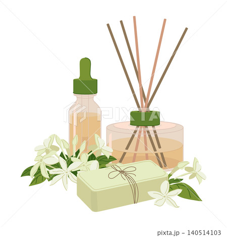 Vector illustration of jasmine household items. An aroma diffuser, a dropper bottle with essential oil, and handmade soap. Fresh Jessamine flowers. Ideal for spa treatments, wellness, and aromatherapy Vector illustration of jasmine household items. An aroma diffuser, a dropper bottle with essential oil, and handmade soap. Fresh Jessamine flowers. Ideal for spa treatments, wellness, and aromatherapy 140514103