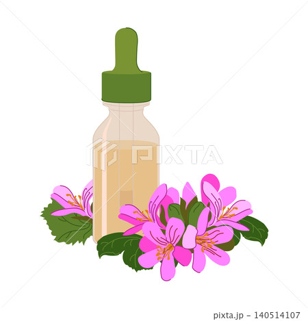 A bottle with a pipette and Pelargonium graveolenst. Glass bottle with Pink geranium essential oil. An ingredient for cosmetics and perfumes. Flat design illustration. A bottle and flower extract. A bottle with a pipette and Pelargonium graveolenst. Glass bottle with Pink geranium essential oil. An ingredient for cosmetics and perfumes. Flat design illustration. A bottle and flower extract. 140514107