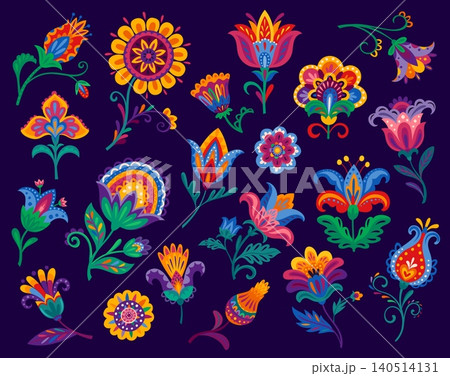 Mexican flowers and plants with ornament patterns. Vector floral designs feature folk embroidery motifs and ethnic decorative elements for fiesta graphics, Latin celebration and Mexican party 140514131