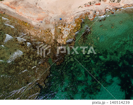 Aerial view clear turquoise water of Mediterranean sea, rocky coastline Aerial view clear turquoise water of Mediterranean sea, rocky coastline 140514239