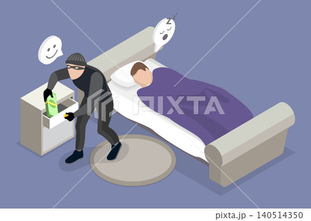 3D Isometric Flat Vector Illustration of Burglar, Thief Snatches Cash From Drawer As Victim Sleeps 140514350