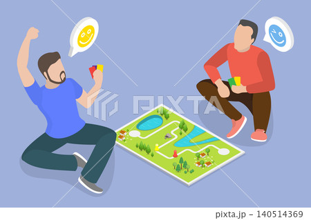3D Isometric Flat Vector Illustration of Board Games, Two Men Engaged In Board Game While Sitting Cross-Legged On Floor. 3D Isometric Flat Vector Illustration of Board Games, Two Men Engaged In Board Game While Sitting Cross-Legged On Floor. 140514369