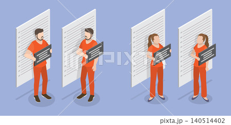 3D Isometric Flat Vector Illustration of Criminal Mugshot, Man and Woman Robbery Suspects 140514402