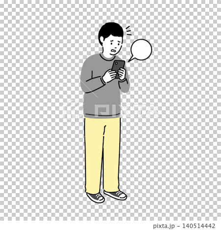 A full-body illustration of a middle school boy looking surprised and troubled after looking at his smartphone, representing the troubles associated with social media and messaging. 140514442