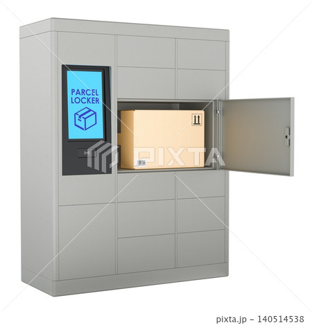 Parcel locker with package, automated delivery pickup cabinet. 3D rendering 140514538